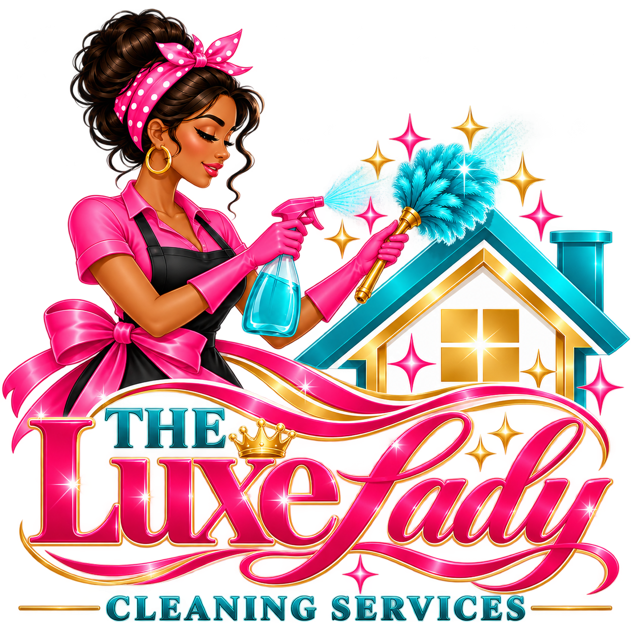 The Luxe Lady Cleaning Services logo, with the illustrated cleaner, turquoise house, and pink wordmark.